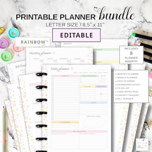 Puede incluir: Un paquete de planificadores imprimibles en tamaño carta de 8,5 por 11 pulgadas. El conjunto editable incluye ocho insertos: planificadores mensuales, semanales y diarios, tablero, lista de tareas, notas, rastreador de contactos y facturas.