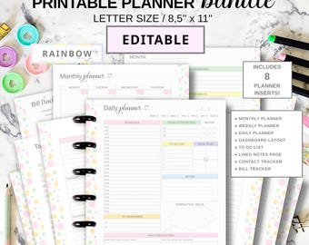 Editable Planner Bundle Fit Big Happy Planner, Printable Letter Size Monthly Weekly Daily Planner Inserts, Bill Tracker Notes To Do List