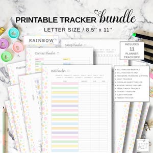 Könnte beinhalten: Ein druckbares Tracker-Bundle mit verschiedenen Planerseiten, darunter ein Rechnungs-Tracker, ein Schlaf-Tracker und ein Kontakt-Tracker. Die Seiten sind im Letter-Format, 21,6 cm x 27,9 cm, und verfügen über pastellfarbene Regenbogenfarben. Das Bundle enthält 11 Tracker.