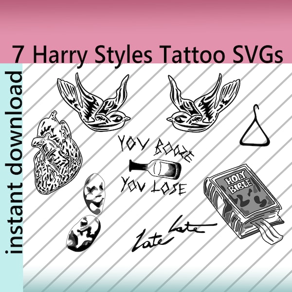 Harry Styles Tattoo SVGs, swallows, giant heart, digital download, gift, merch