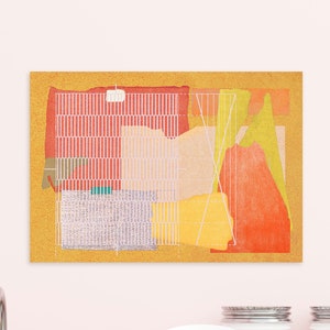 Modern vintage collage print - warm coloured abstract composition with pinks and oranges