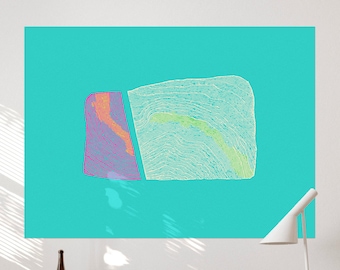 May include: Abstract digital art print with a turquoise background and two overlapping shapes. The shapes are filled with a pattern of white lines and colored lines in pink, orange, and green.