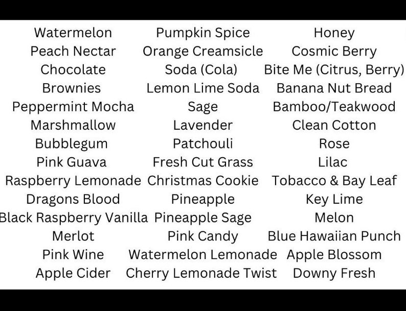 K&ouml;nnte beinhalten: Eine Liste mit 36 verschiedenen D&uuml;ften und Geschmacksrichtungen, darunter Wassermelone, Pfirsichnektar, Schokolade, K&uuml;rbisgew&uuml;rz, Orangen-Creme-Eis, Honig, Kosmische Beere und mehr.