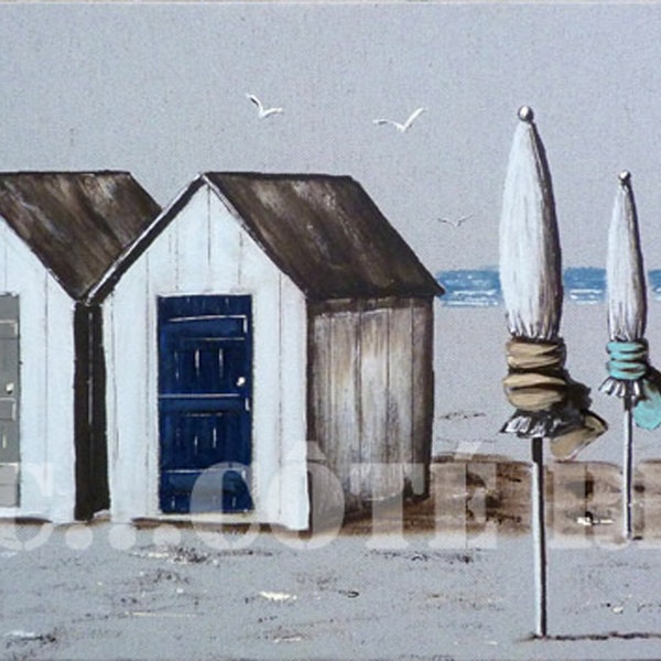 Tableau mural de cabines de plage et de parasols camaieu de bleus