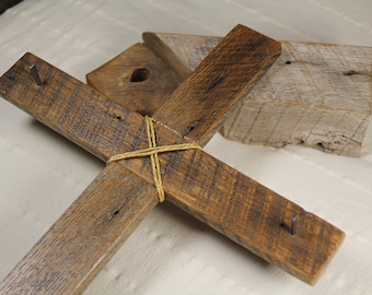 Large 18X36 Reclaimed Barn Wood Cross with nails and twine.  Custom one of a kind