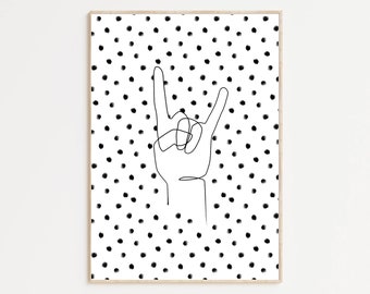 ROCK Hand Print. Rock & Roll, Rock On, Hand Gesture Illustration, Dalmatian Polka Dot, Black and White, Alternative Wall Art. A4 A5