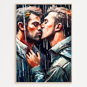 Gay Art, Gay Couple, Gay Print Poster, Home Decor Wall Art, Gay Painting, Gay Gifts, LGBTQ+ Wall Poster | Rain Lovers