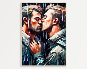 Gay Art, Gay Couple, Gay Print Poster, Home Decor Wall Art, Gay Painting, Gay Gifts, LGBTQ+ Wall Poster | Rain Lovers