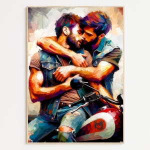 May include: A painting of two men embracing on a motorcycle. The men are wearing denim jackets and jeans. The motorcycle is red and white with a black seat. The background is a colorful abstract design.