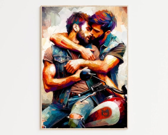 Gay Art, Gay Couple, Gay Print Poster, Home Decor Wall Art, Gay Painting, Gay Gifts, LGBTQ+ Wall Poster | Rainbow Embrace