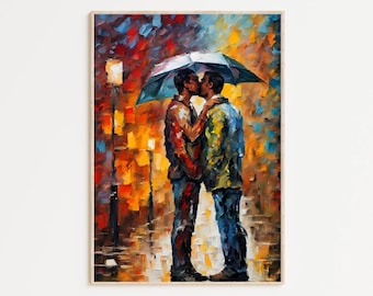 May include: A painting depicting two people kissing under a blue umbrella on a city street. The artwork is painted in a colourful, impressionistic style.