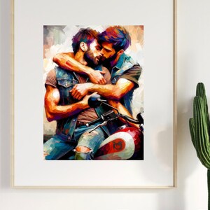 May include: A painting of two men embracing on a motorcycle. The men are wearing denim jackets and jeans. The motorcycle is red and white. The painting is done in a colorful, abstract style.