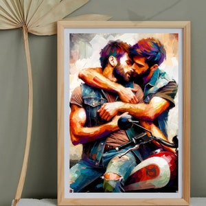 May include: A painting of two men embracing on a motorcycle. The men are wearing denim jackets and jeans. The painting is done in a colorful, impressionistic style.
