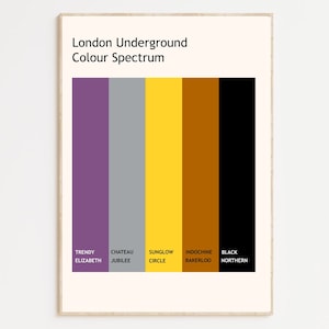 Puede incluir: Una tabla de colores que muestra los colores de las líneas del metro de Londres. Los colores son morado, gris, amarillo, marrón y negro. Los nombres de las líneas se enumeran debajo de cada color: Trendy Elizabeth, Chateau Jubilee, Sunglow Circle, Indochine Bakerloo y Black Northern.