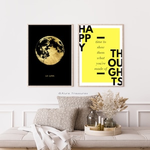x2 Drucke, glückliche Gedanken Sammlung, gold, sonnengelb, la luna, der Mond, positive Botschaft, Digital Art, Kunstdekor, printable download