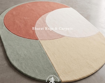 Geometric Oval Area Rug Hand Tufted Handmade Wool Rug Modern Abstract Carpet Pastel Contemporary Living Room Decor