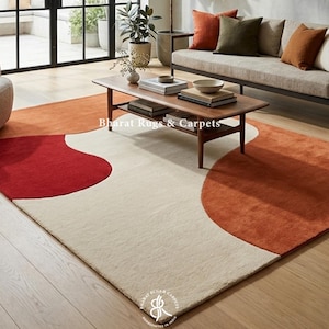 Modern Abstract Rug, Red Ivory Bold Organic Wave, Hand Tufted Wool Carpet, Modern Abstract Area Carpet, Custom Rug for Living room image 1