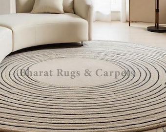 Modern Round Wool Rug Hand Tufted Concentric Circle Rug Beige and Black Contemporary Designer Circular Rug Handmade Modern Area Carpet