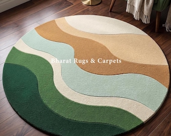 Handmade Round Green Rug, Abstract Circular Rug, Modern Area Rug, Tufted Wool Rug, Living Room Decor, Circle Rug for Nursery