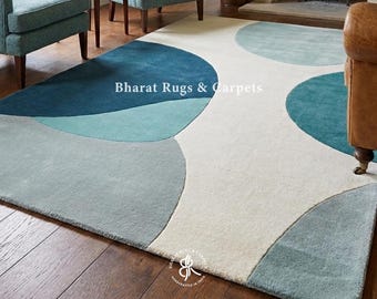 Modern Geometric Area Rug Handmade Color Block Carpet Blue Green Abstract Rug Hand Tufted Contemporary Decor