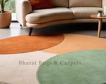 Alfombra geométrica redonda en tonos tierra, tejida a mano en lana, con bloques de color, estilo escandinavo para la decoración de la sala de estar.