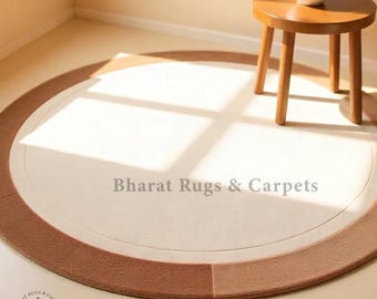 Minimalist Round Wool Rug Handmade Neutral Circle Area Rug Modern Beige Cream Carpet Scandinavian Contemporary Custom Size