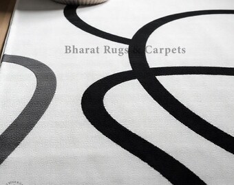Black White Area Rug Hand Tufted Handmade Wool Rug Modern Geometric Line Carpet Minimalist Living Room Contemporary Decor
