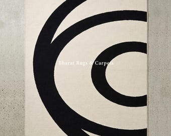 Modern Bold Graphic Area Rug Handmade Wool Abstract Carpet Black Ivory Minimalist Rug Contemporary Designer Floor Rug Custom Size Rugs