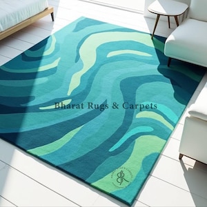 Modern ocean wave pattern rug handtufted expensive wool soft area carpet vibrant teal abstract contemporary square rug lavish home interiors