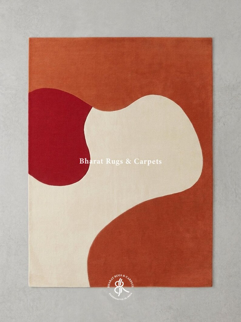 Modern Abstract Rug, Red Ivory Bold Organic Wave, Hand Tufted Wool Carpet, Modern Abstract Area Carpet, Custom Rug for Living room image 2