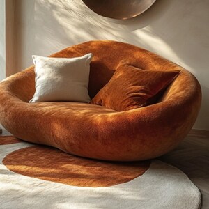 May include: A large, brown, plush, beanbag-style chair with two pillows. One pillow is white and the other is orange. The chair is sitting on a white and orange round rug.