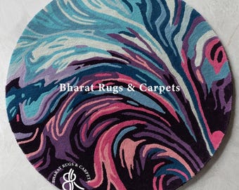 Abstract Swirl Round Rug Hand Tufted Handmade Wool Rug Modern Fluid Art Carpet Blue Pink Contemporary Decor Blue and Teal Circular Rug