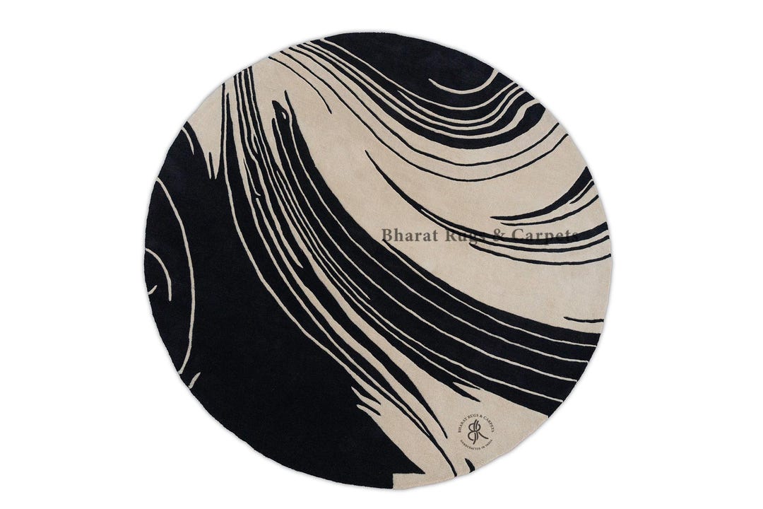 Round Large Rug Abstract Circular Rug Abstract Strokes Black and Beige Large Size Rug for ...