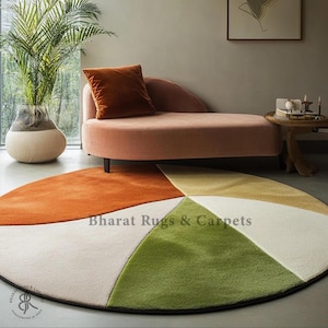 Round Shape Rug Modern Multicolour Rug Soft Wool Handtufted Large Area Rug for Bedroom Kids Room Rug for Office Hand Made Woollen Carpet