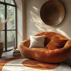 May include: A round, cream-colored rug with a brown, curved design. A large, orange, plush sofa with two pillows sits on the rug. A large, round, copper-colored wall decor hangs on the wall behind the sofa.