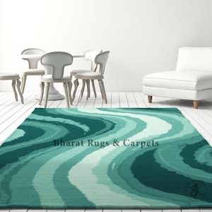 Modern abstract designer rug green wavy contemporary handtufted large area rug soft wool premium handmade carpet elegant decor artistic rug