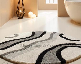 Handmade Round Abstract Area Rug Hand Tufted Wool Carpet Black Ivory Modern Minimalist Living Room Contemporary Decor