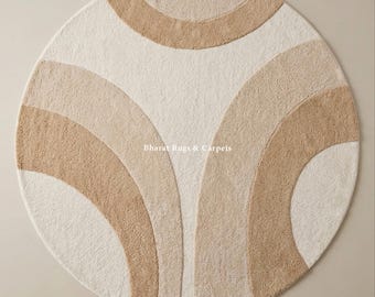 Round Beige Area Rug Hand Tufted Handmade Wool Rug Modern Abstract Carpet Neutral Minimalist Living Room Decor