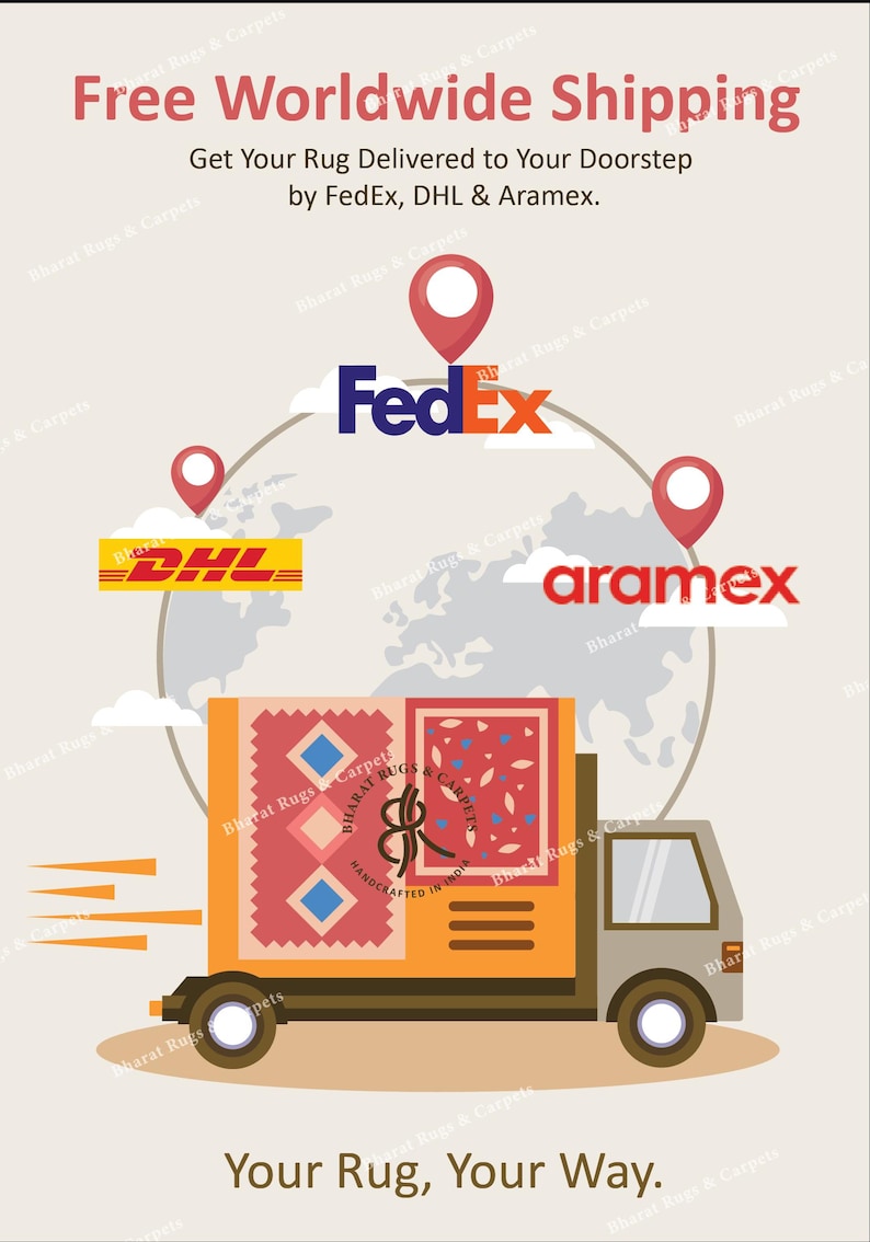 May include: A graphic illustration featuring a delivery truck carrying a rectangular rug with a red, orange, and blue geometric pattern. The truck is positioned in front of a world map graphic with location pins and the logos for FedEx, DHL, and Aramex.