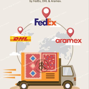 May include: Illustration of a delivery truck with a rug inside. The truck is driving on a world map with pins marking locations for FedEx, DHL, and Aramex. The text "Free Worldwide Shipping" is at the top of the image. The text "Get Your Rug Delivered to Your Doorstep by FedEx, DHL & Aramex." is below the world map. The text "Your Rug, Your Way." is at the bottom of the image.