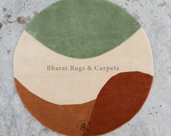 Round Sage Green Wool Rug Hand Tufted Handmade Organic Color Block Area Rug Scandinavian Modern Contemporary Carpet