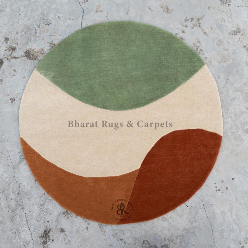 Alfombra redonda de lana verde salvia, tejida a mano, hecha a mano, con bloques de color orgánicos, estilo escandinavo moderno contemporáneo. imagen 1