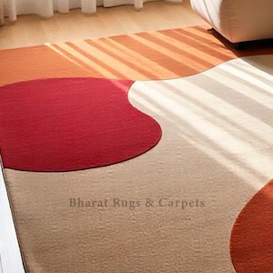 Modern Abstract Rug, Red Ivory Bold Organic Wave, Hand Tufted Wool Carpet, Modern Abstract Area Carpet, Custom Rug for Living room image 5
