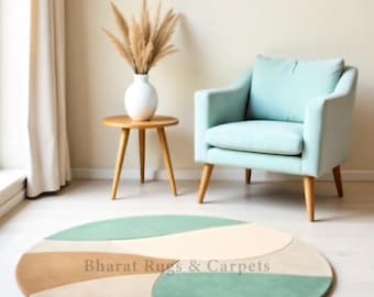 Abstract Round Area Rug Hand Tufted Handmade Wool Rug Organic Color Block Carpet Sage Green Modern Decor for Living Room Decor Hallway