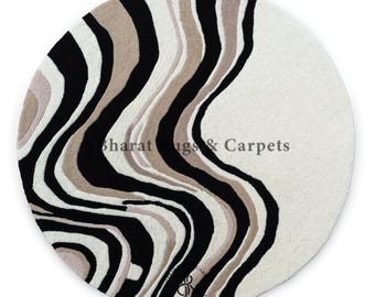 Abstract Handmade Round Wool Rug, Black Beige Wave Pattern Rug, Modern Circular Area Rug, Contemporary Designer Carpet, Artistic Home Decor