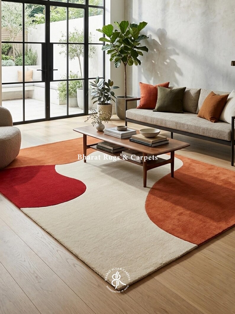 Modern Abstract Rug, Red Ivory Bold Organic Wave, Hand Tufted Wool Carpet, Modern Abstract Area Carpet, Custom Rug for Living room image 1