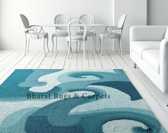 Modern Contemporary Oceanic Swirl Rug Handtufted Handmade Abstract Designer Rug Teal Blue Large Area Carpet for Kids Bedroom Home Decor Rugs