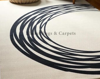 Minimalist Wool Area Rug Handmade Abstract Carpet Black Beige Modern Contemporary Living Room Decor