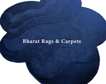 Navy Blue Sculpted Rug Hand Tufted Handmade Wool Rug Organic Cloud Shape Carved Abstract Carpet Textured Modern Living Room Statement Decor