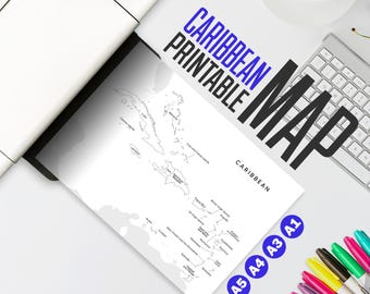 Printable Caribbean Map – Black & White Map | A5, A4, A3, A1 Sizes | Caribbean Islands Travel Map | Coloring Map for Kids and Travelers
